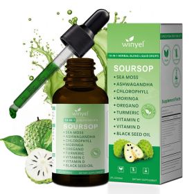 WINYEL Soursop Drops 10-in-1 with seaweed, moringa, black seed oil, oregano, ashwagandha, chlorophyll | Herbal extracts promote overall health | Vegan (QTY: 1PCS)